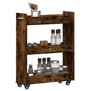 Skåp med hjul rökfärgad ek 60x22x79 cm konstruerat trä