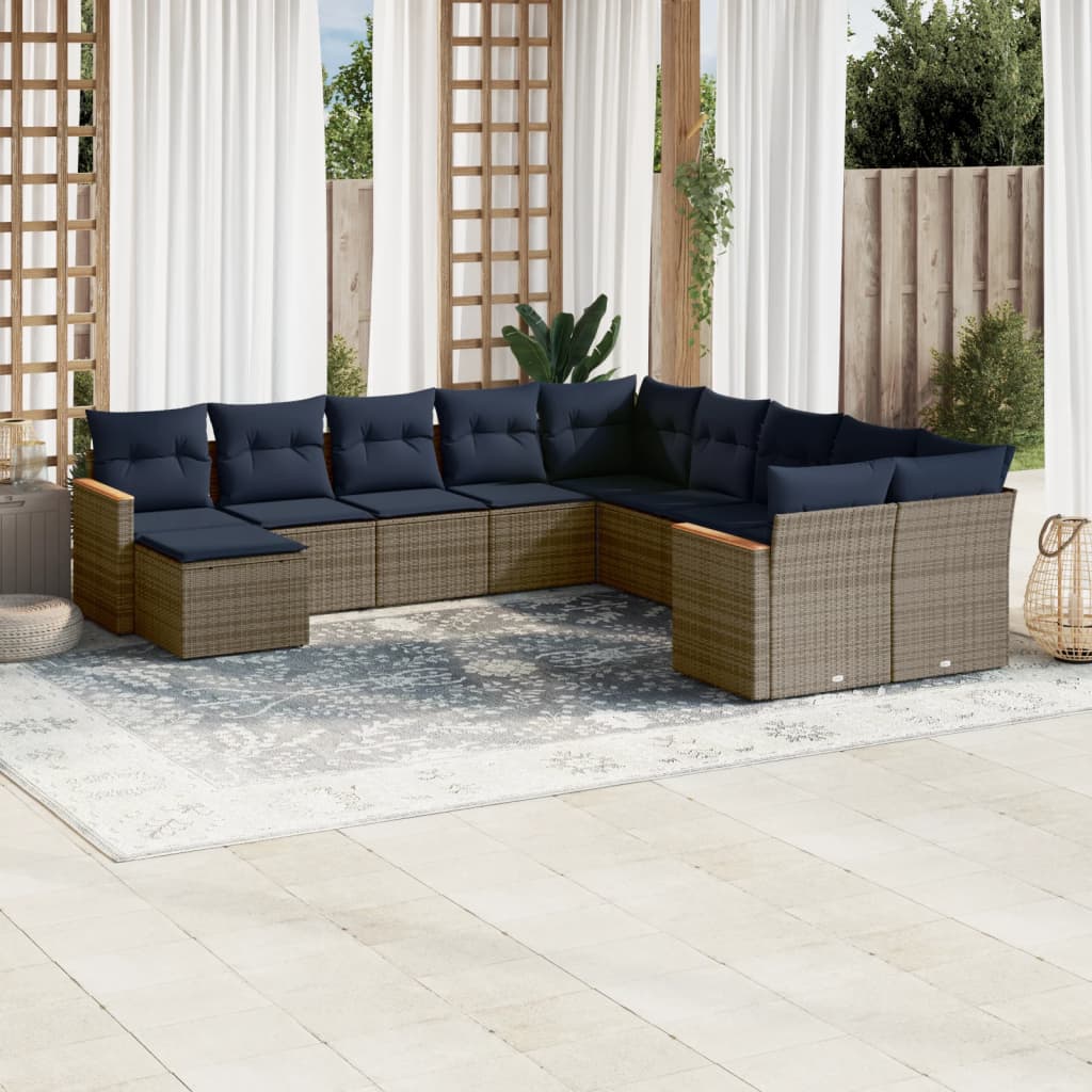 11 delar trädgårdssoffgrupp med dynor grå polyrotting