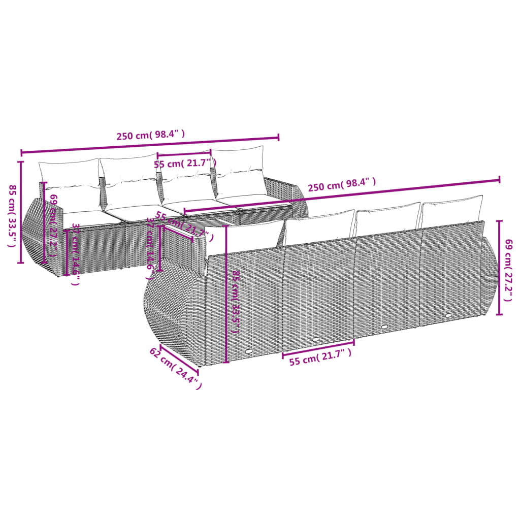 Loungegrupp för trädgården m dynor 9 delar svart konstrottning