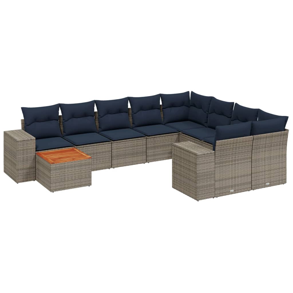 10 delar trädgårdssoffgrupp med dynor grå polyrotting