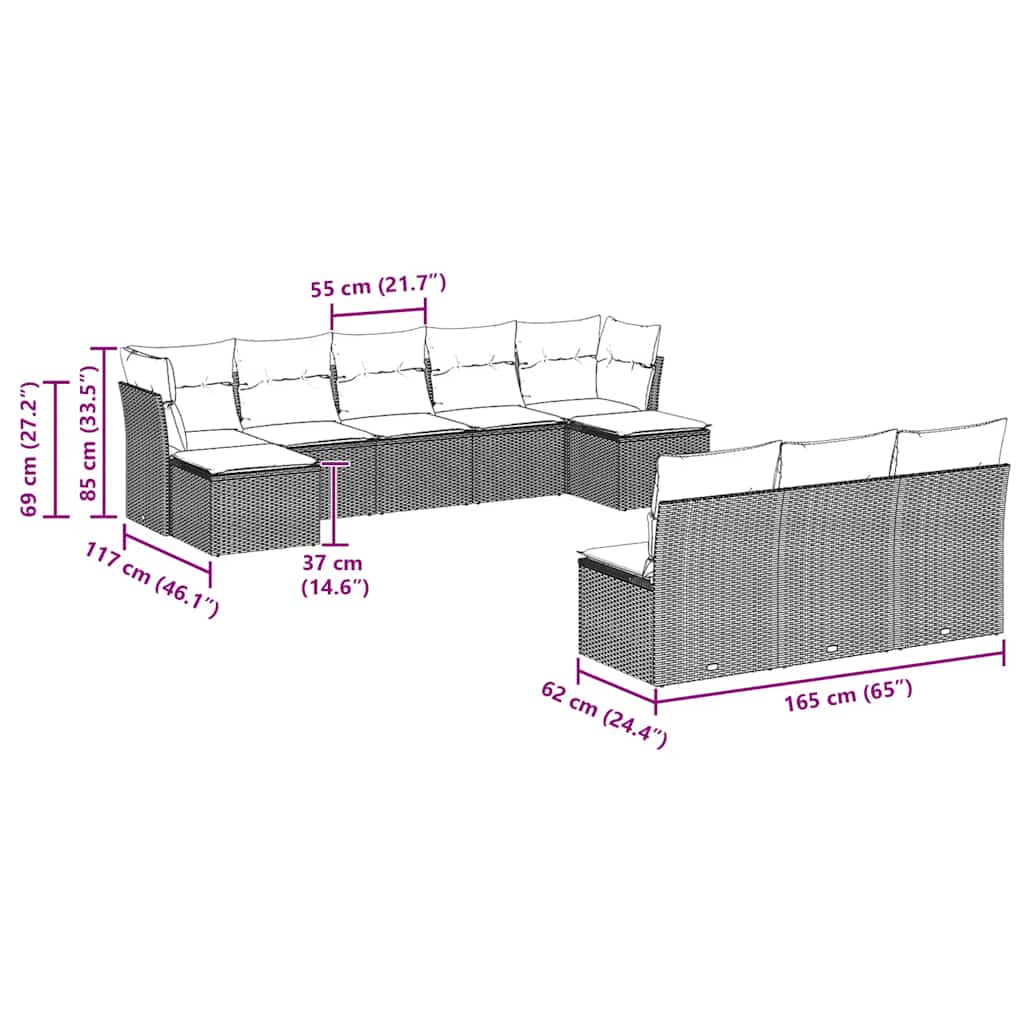 Trädgårdssoffset med dynor 10 delar ljusgrå konstrotting