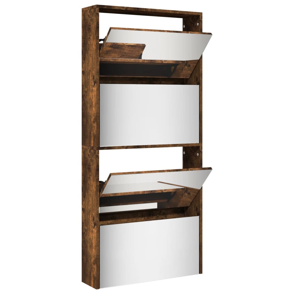 Skoskåp med spegel 4 skåp rökfärgad ek 63x17x134 cm