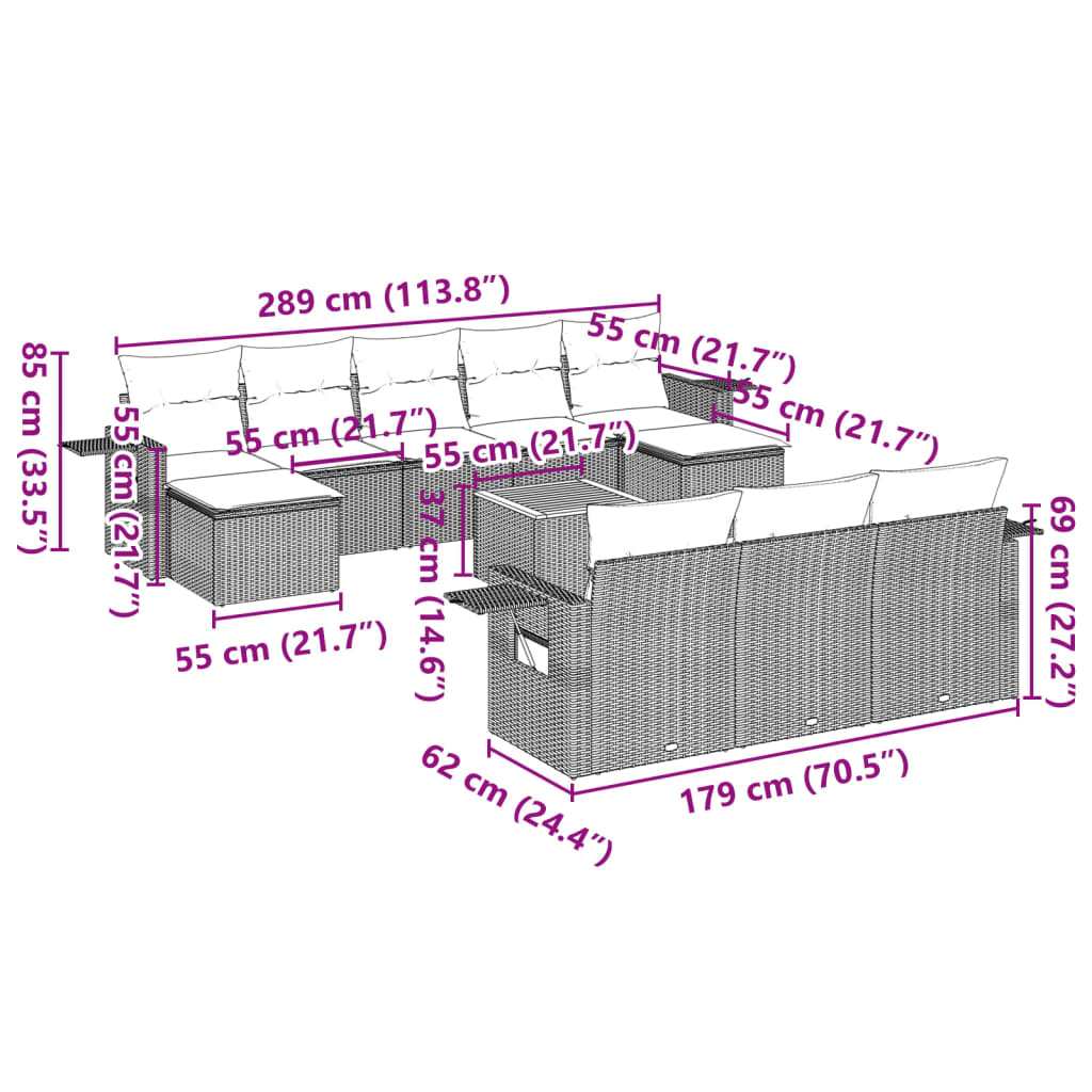 Loungegrupp för trädgården m. dynor 11 delar konstrotting svart