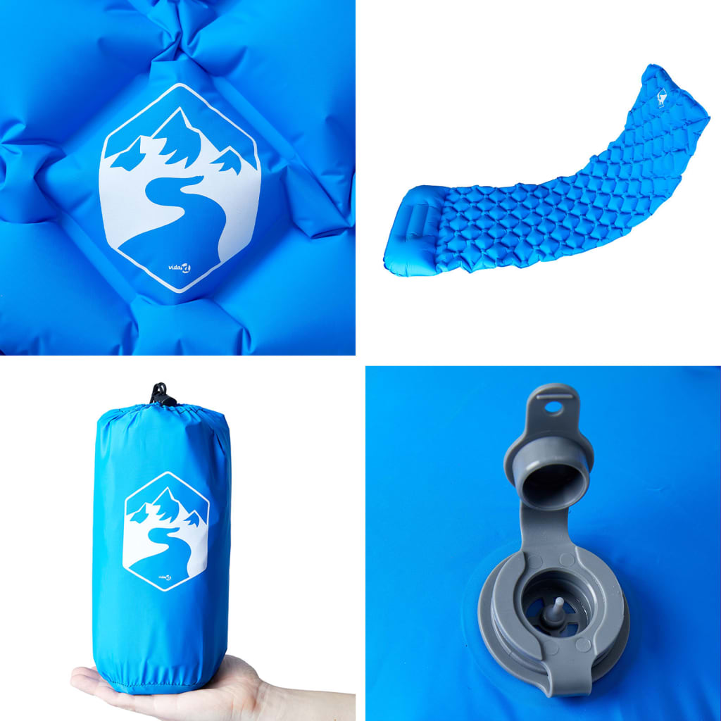 Uppblåsbar campingmadrass med kudde 1 person blå