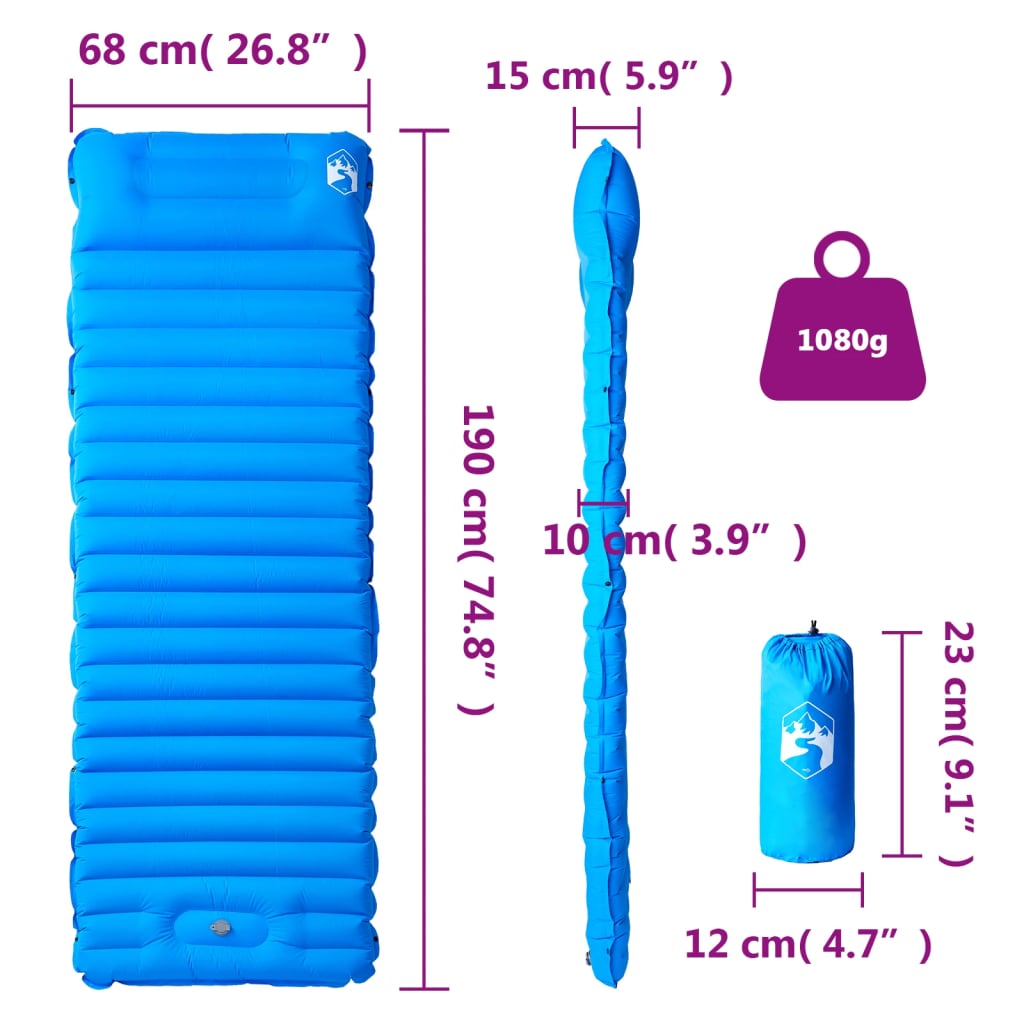 Självuppblåsande campingmadrass med kudde 1 person blå