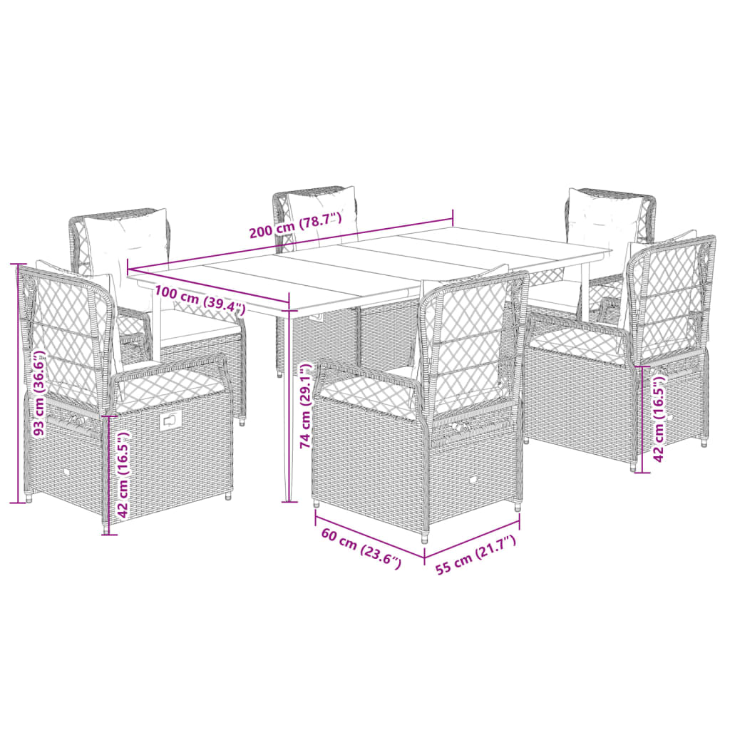 Matgrupp för trädgården med dynor 7 delar ljusgrå konstrotting