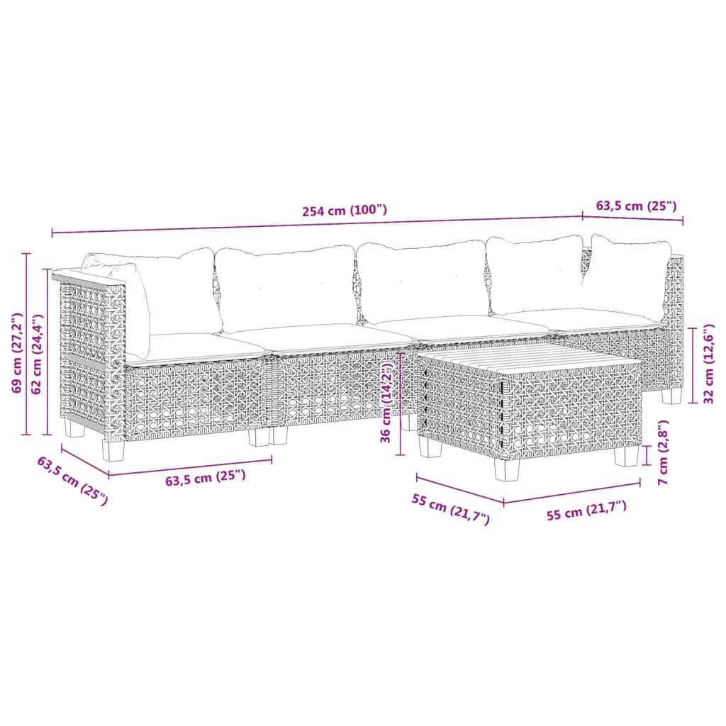 Loungegrupp för trädgården med dynor 5 delar svart konstrotting