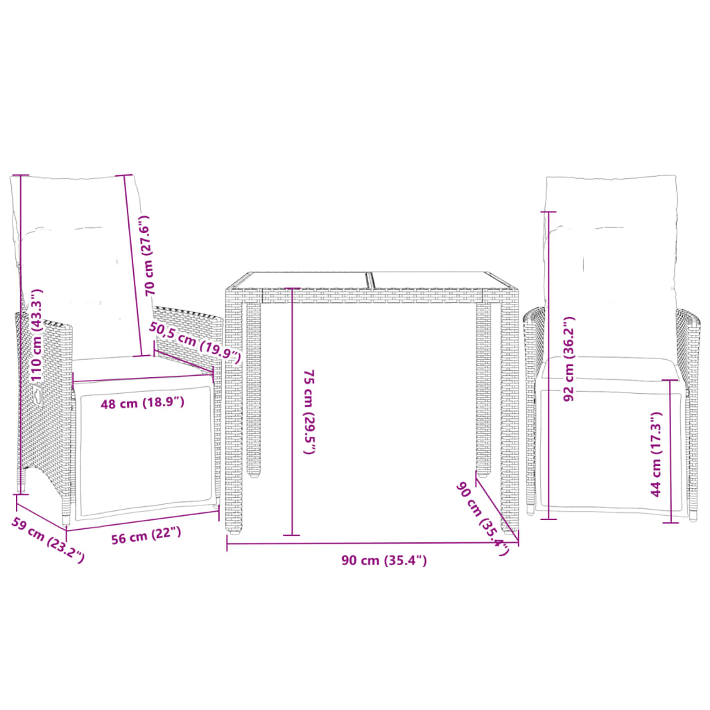 Caféset med dynor 3 delar svart konstrotting