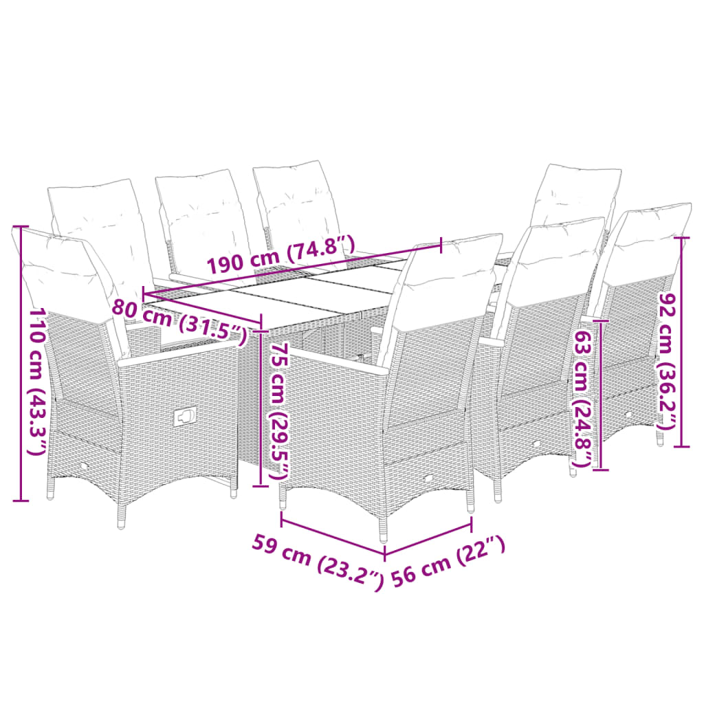 Caféset med dynor 9 delar konstrotting grå
