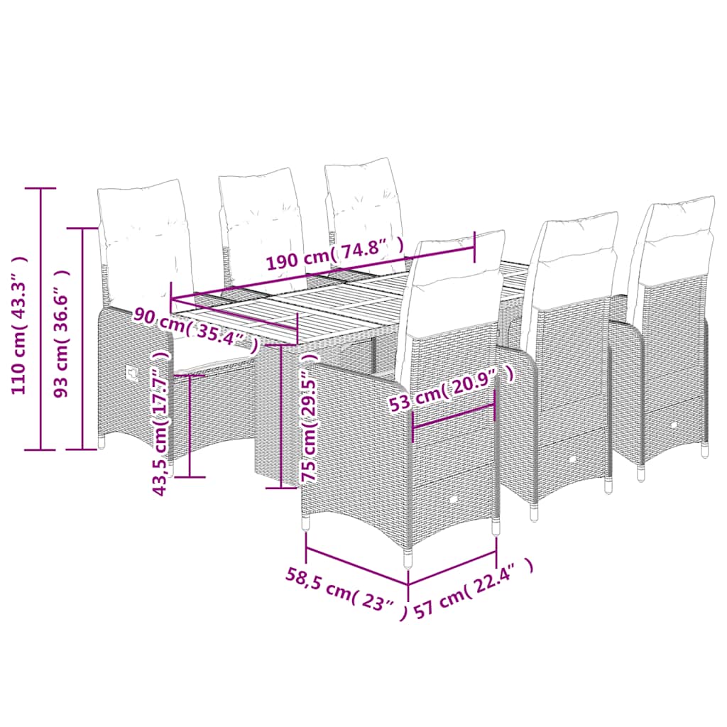 Matgrupp för trädgården med dynor 7 delar svart konstrotting