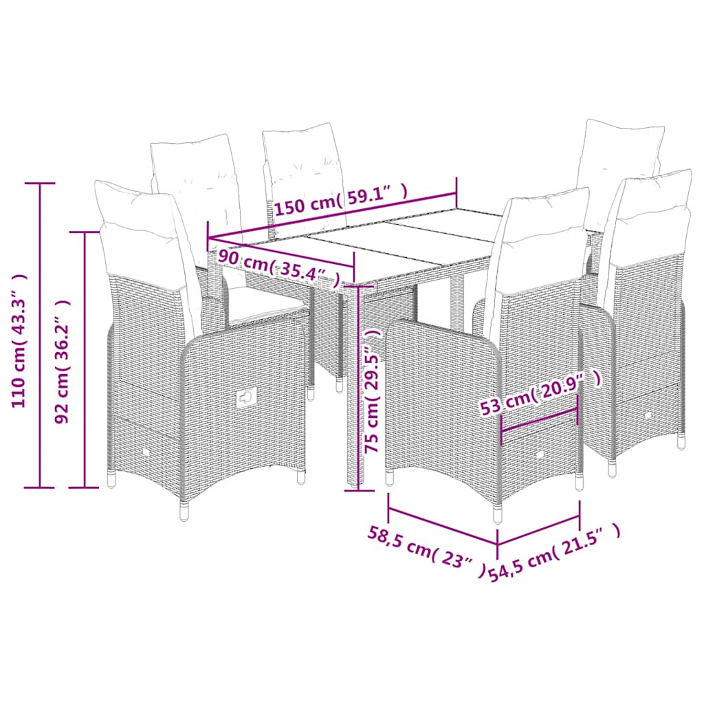 Matgrupp för trädgården med dynor 7 delar svart konstrotting