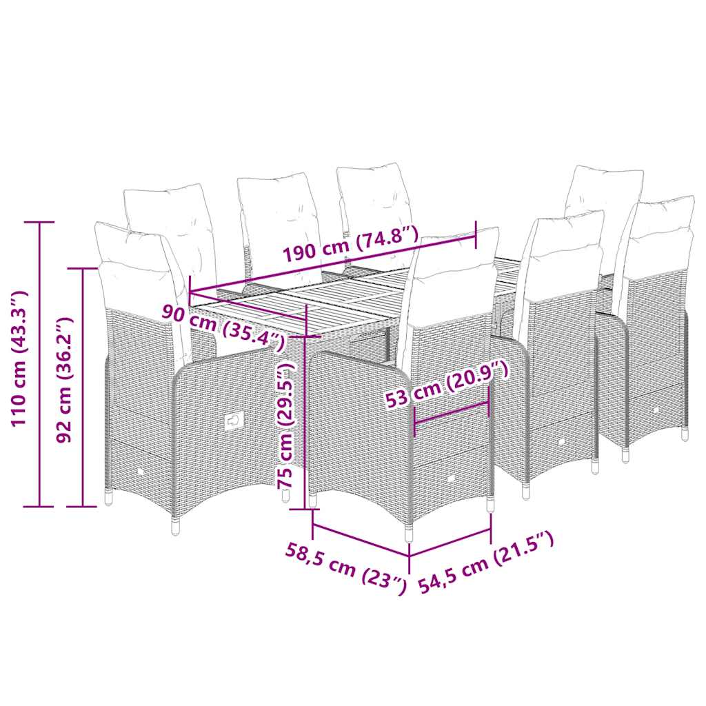 Caféset med dynor 9 delar konstrotting grå