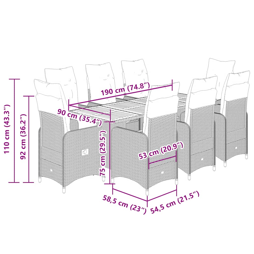 Caféset med dynor 9 delar konstrotting grå