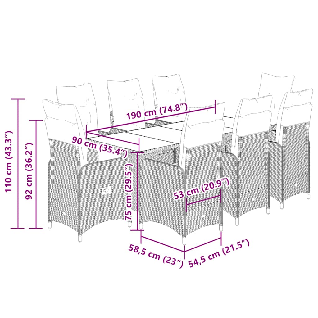 Caféset med dynor 9 delar konstrotting grå