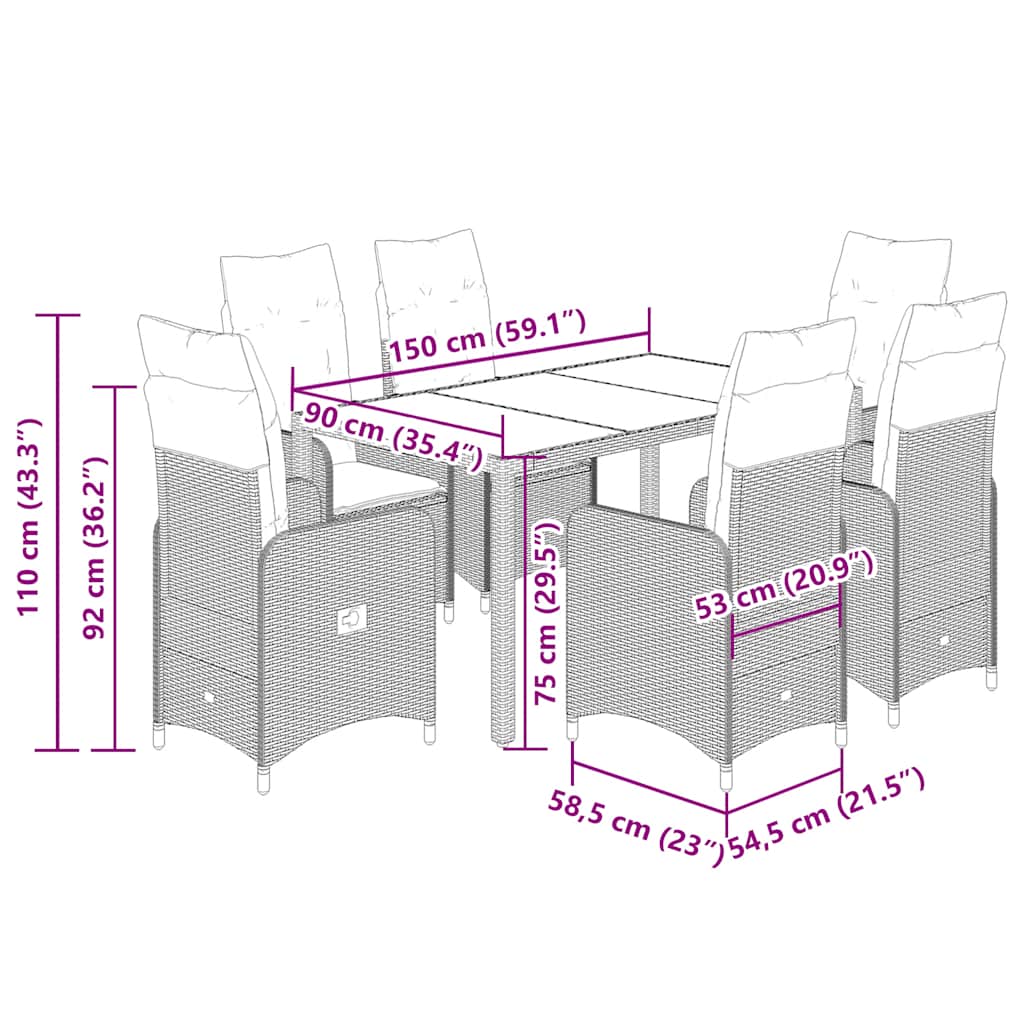 Caféset för trädgården 7 delar med dynor beige konstrotting