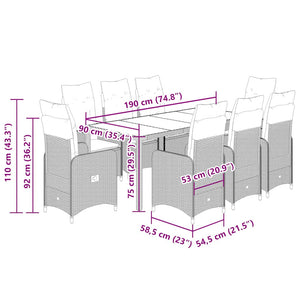 Caféset för trädgården 9 delar med dynor beige konstrotting