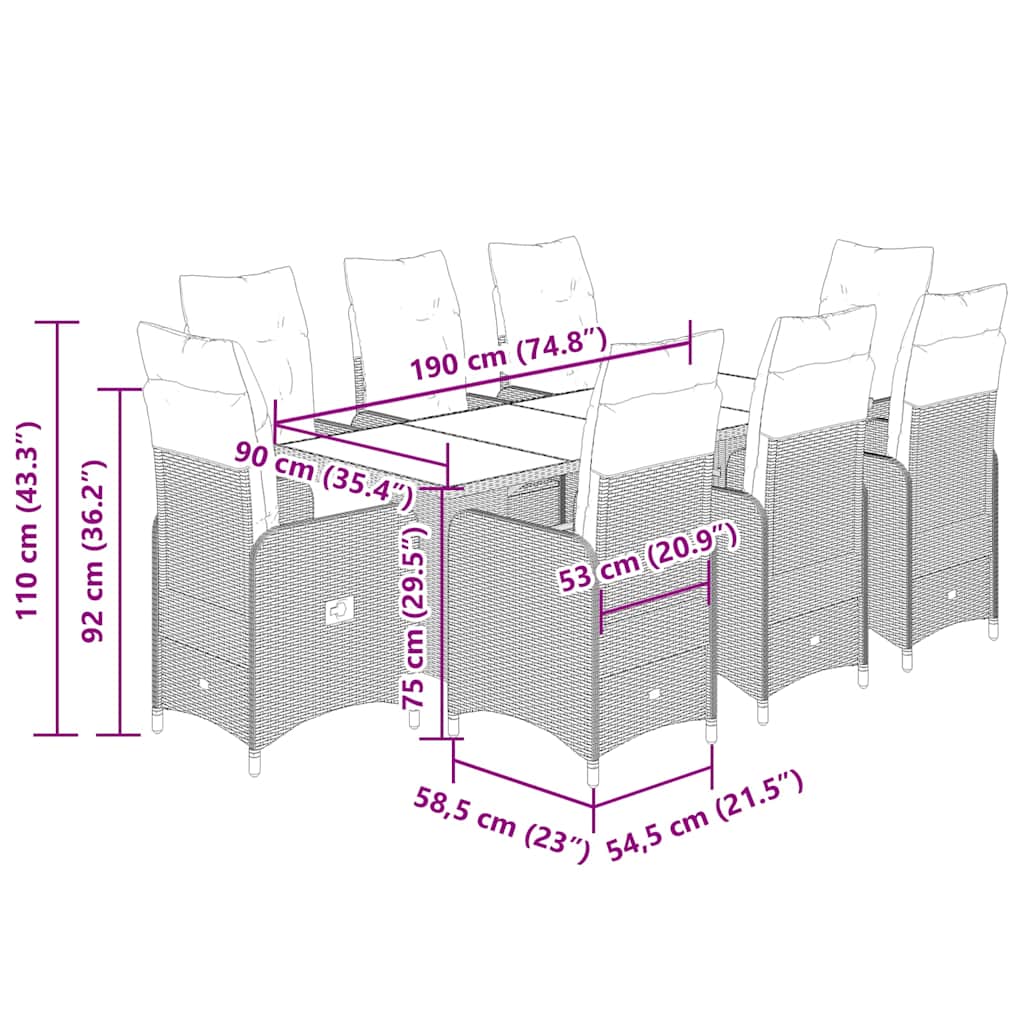 Caféset för trädgården 9 delar med dynor beige konstrotting