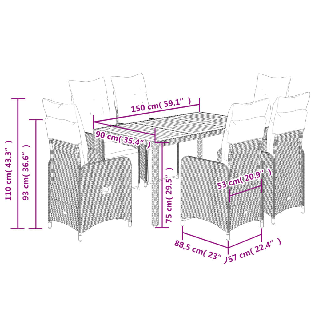 Matgrupp för trädgården med dynor 7 delar svart konstrotting