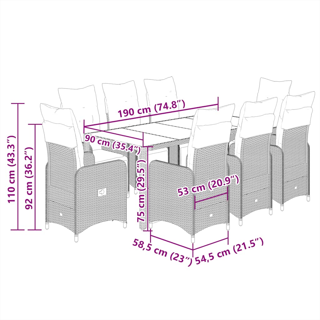 Caféset med dynor 9 delar konstrotting svart