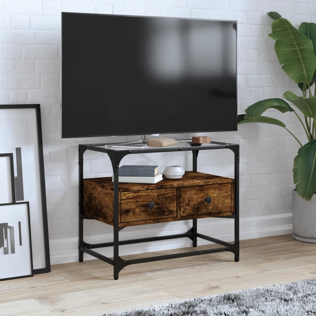 Tv-bänk med glasskiva rökfärgad ek 60x35x51 cm konstruerat trä