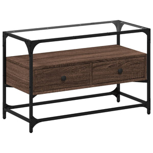 Tv-bänk med glasskiva brun ek 80x35x51 cm konstruerat trä