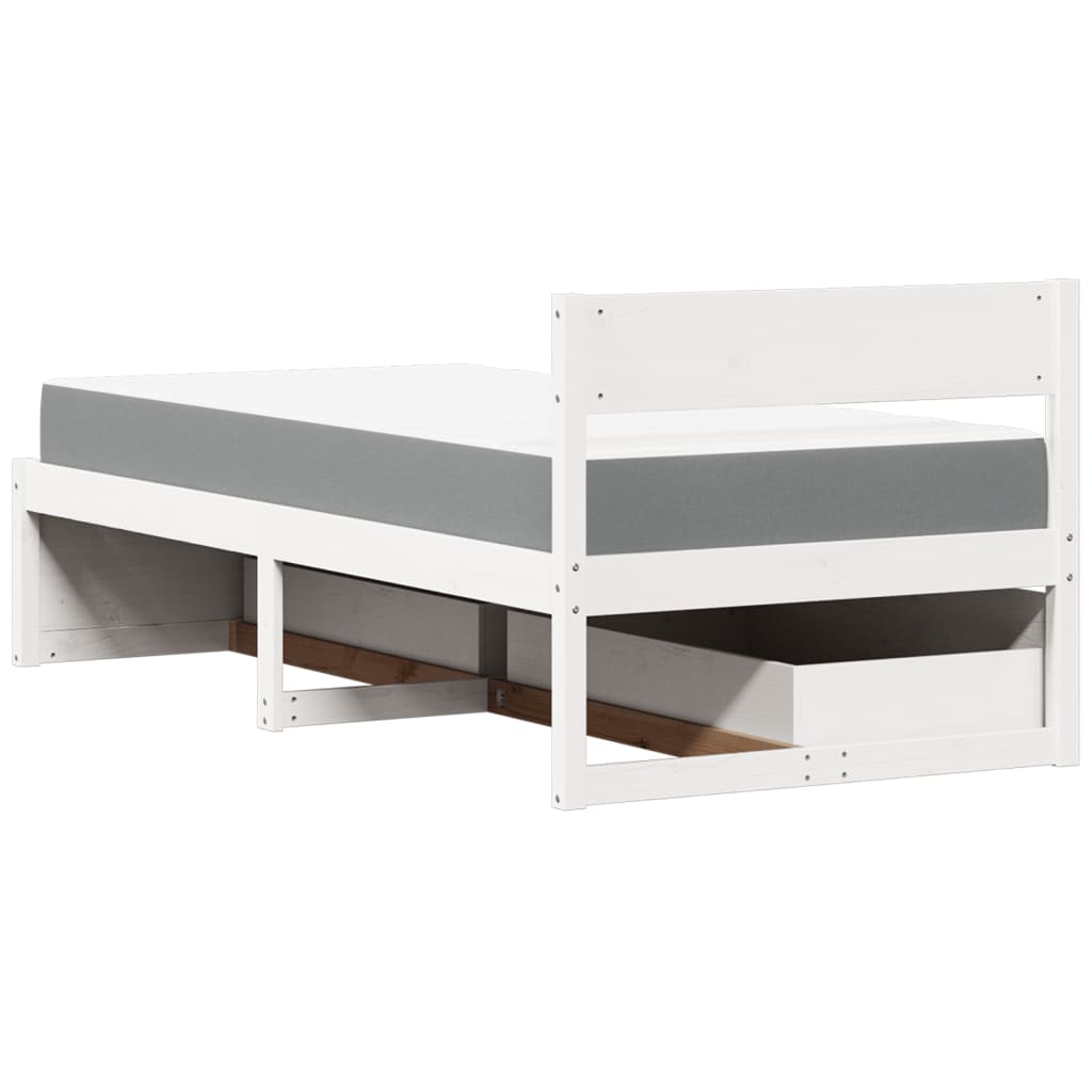 Sängram med lådor och madrass vit 100x200 cm massiv furu