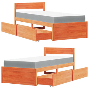 Sängram med lådor och madrass vaxbrun 90x190 cm massiv furu