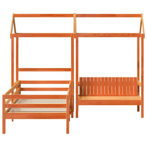 Sängram med bänk och tak vaxad brun 75x190 cm massiv furu