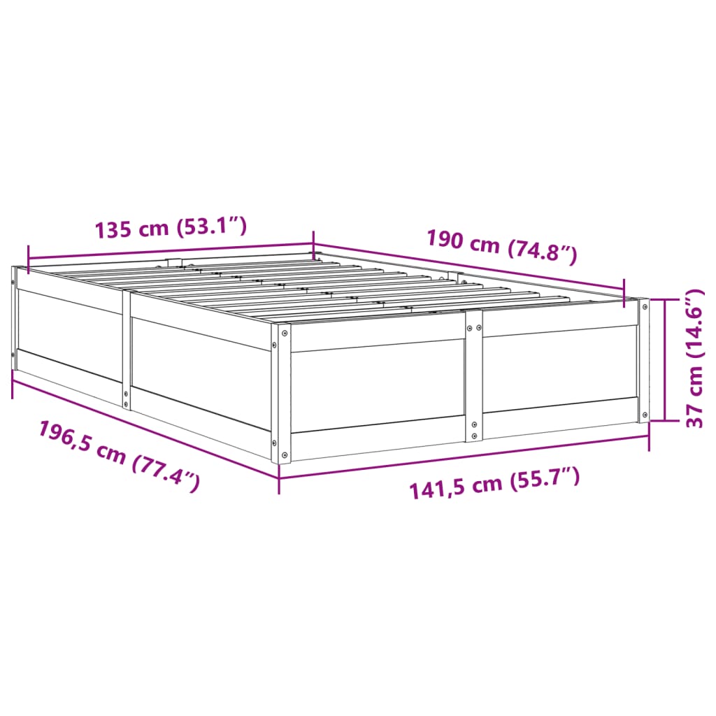 Sängram utan madrass vaxbrun 135x190 cm massiv furu