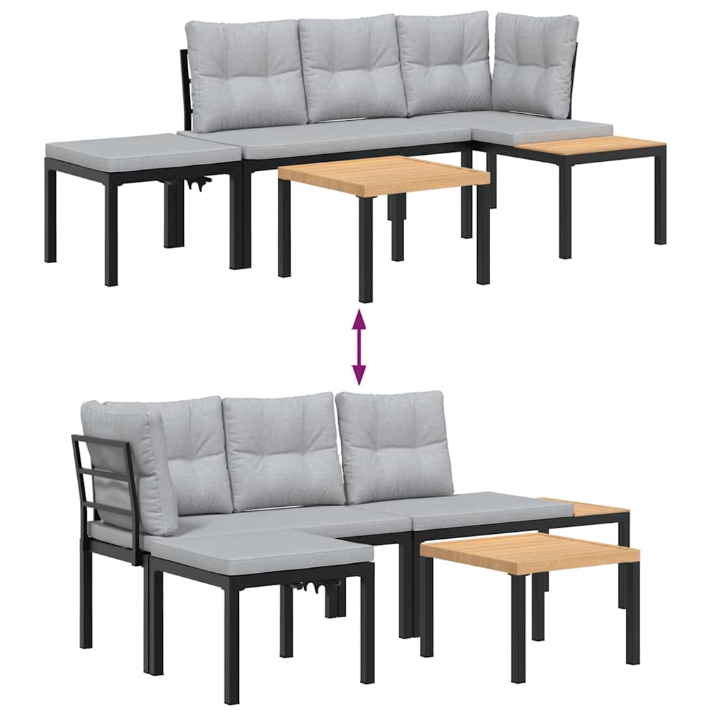 Trädgårdsbänkar med dynor 4 delar svart pulverlackerat stål