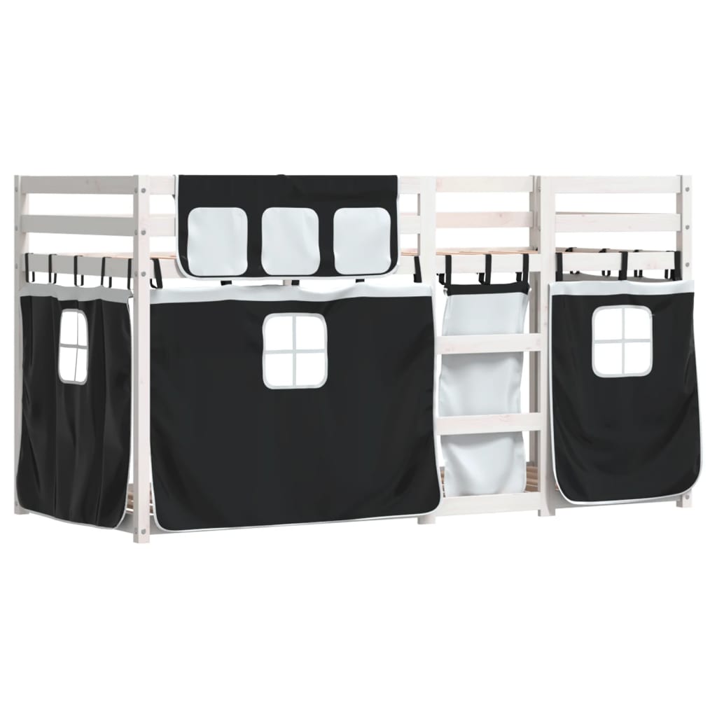 Loftsäng med gardiner vit&svart 75x190 cm massiv furu