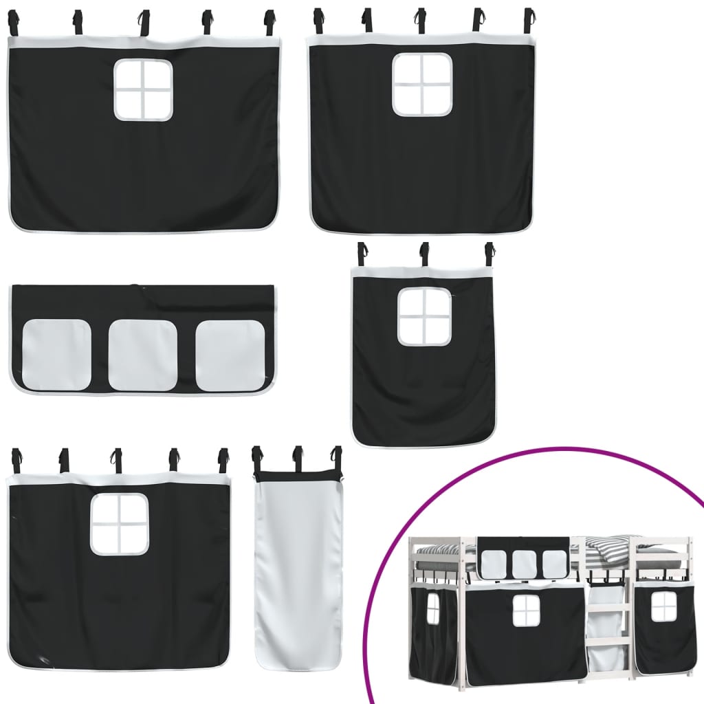 Loftsäng med gardiner vit&svart 75x190 cm massiv furu