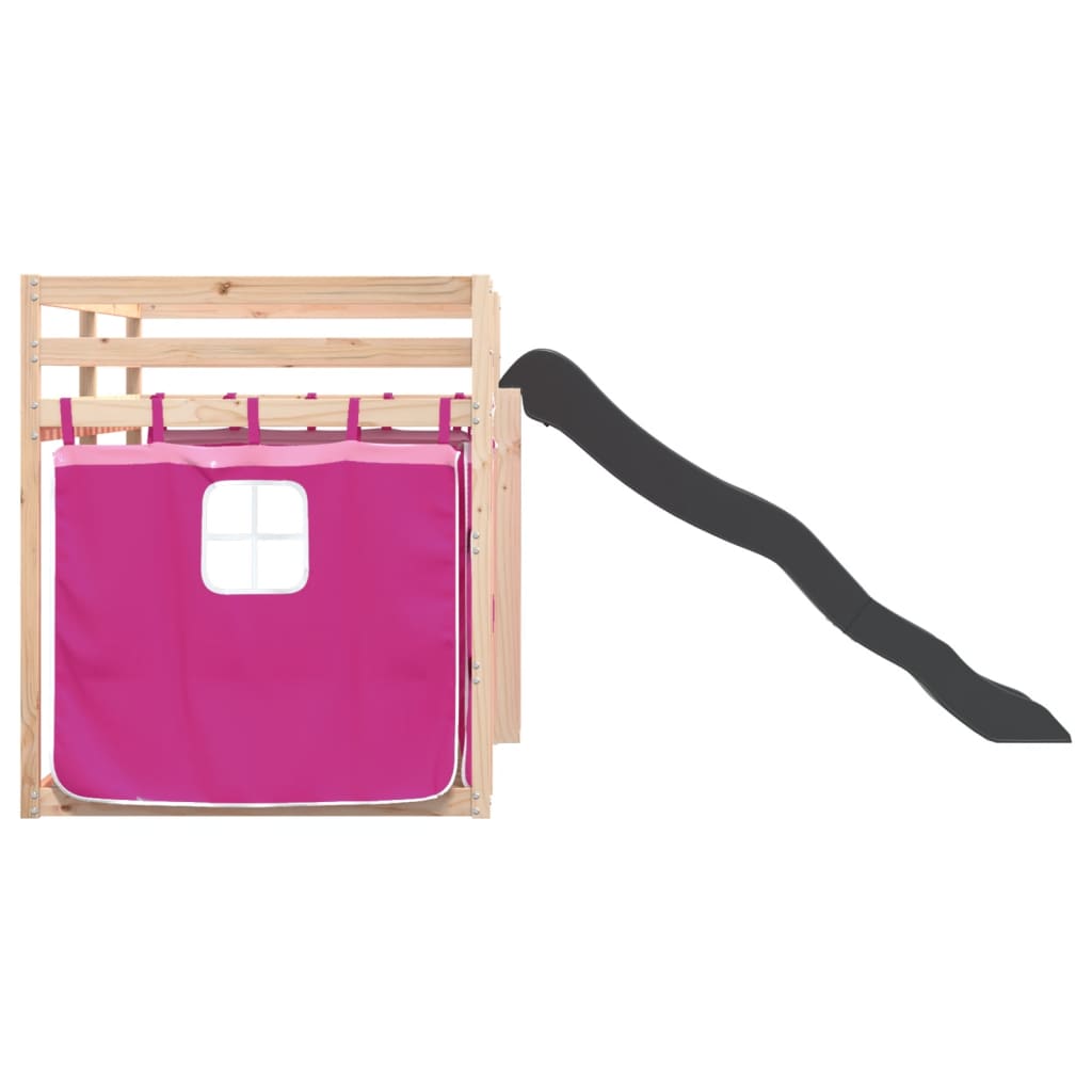 Våningssäng med rutschkana och gardiner rosa 80x200 cm