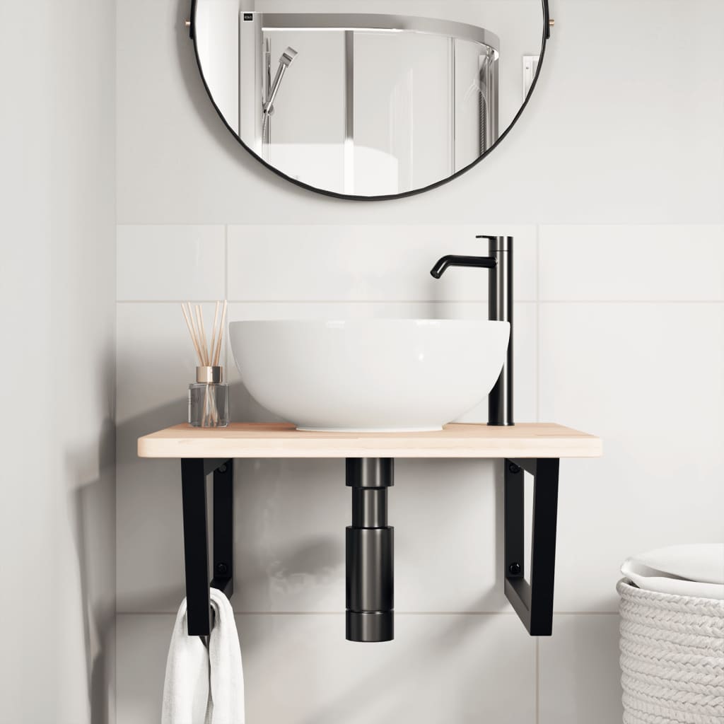 Väggmonterad handfatshylla stål och massiv ek