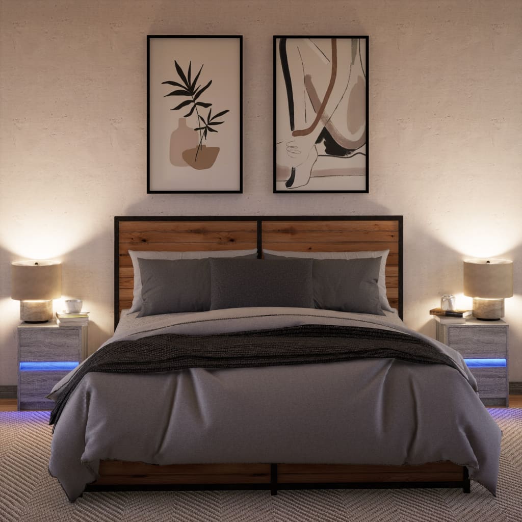 Sängbord med LED-lampor 2 st grå sonoma konstruerat trä