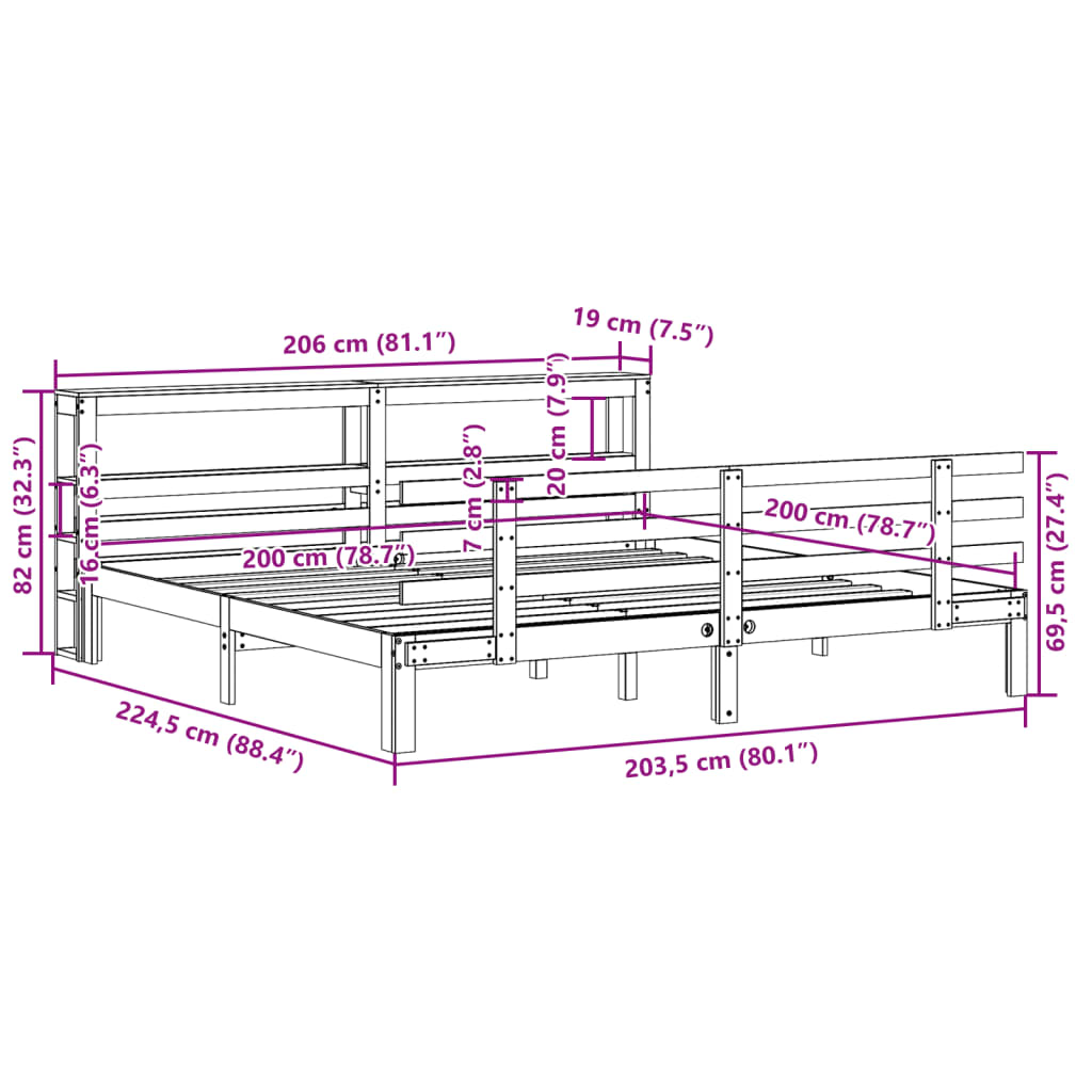 Sängram med huvudgavel utan madrass vit 200x200 cm