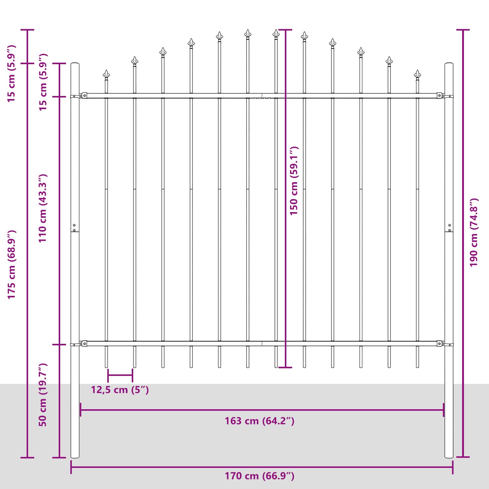 Trädgårdsstängsel Grå 170 x 190 cm Pulverlackerat stål