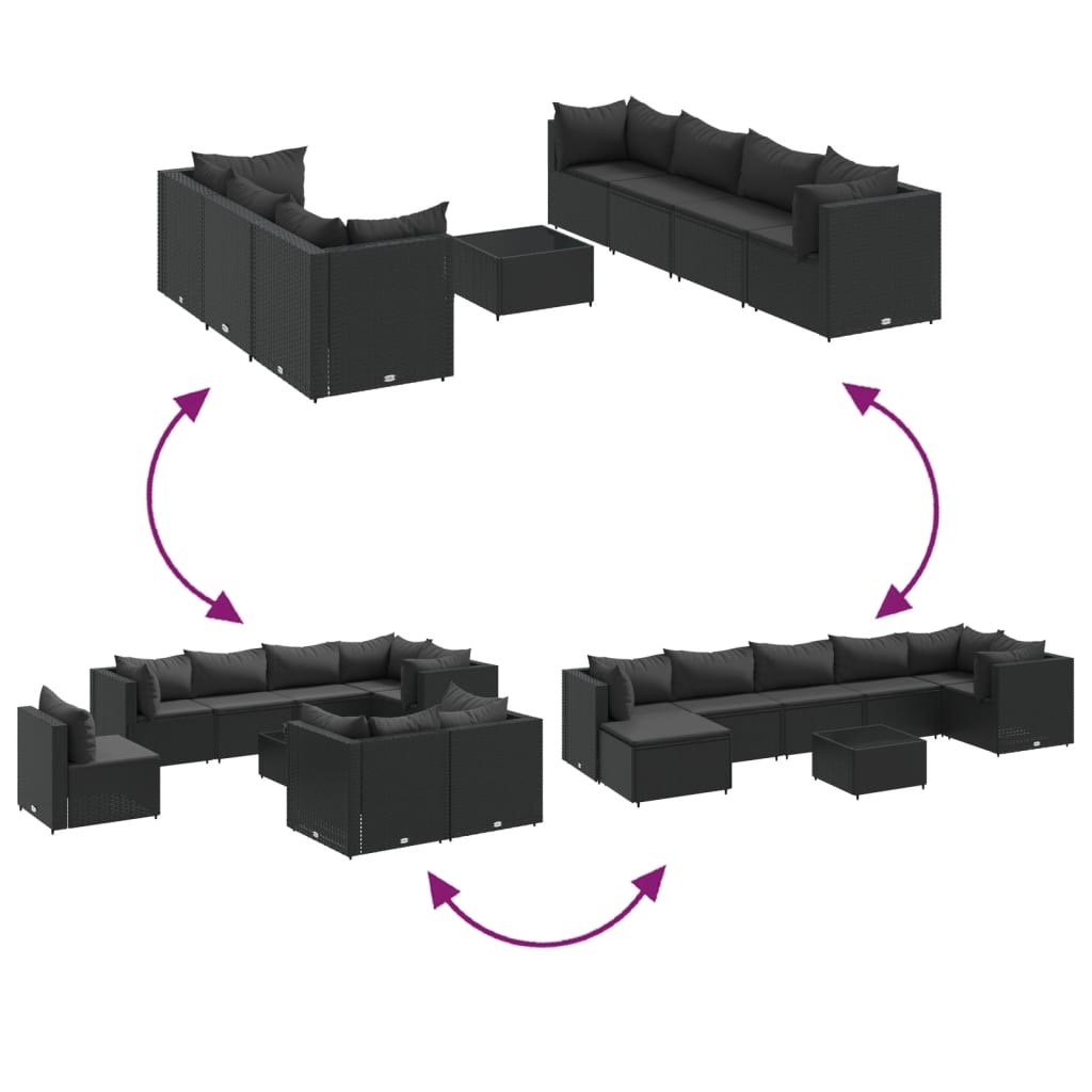 Loungegrupp för trädgården med dynor 8 delar svart konstrotting