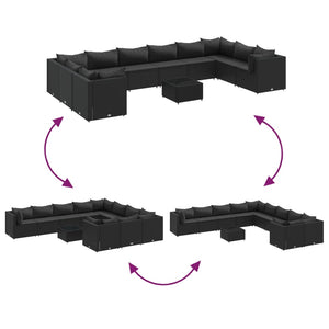 Loungegrupp för trädgården m. dynor 11 delar konstrotting svart