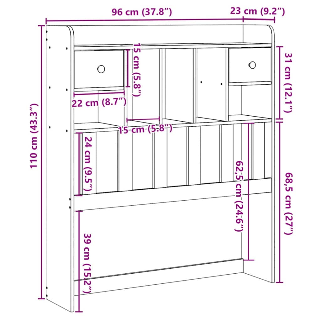 Huvudgavel med förvaring vit 90 cm massiv furu
