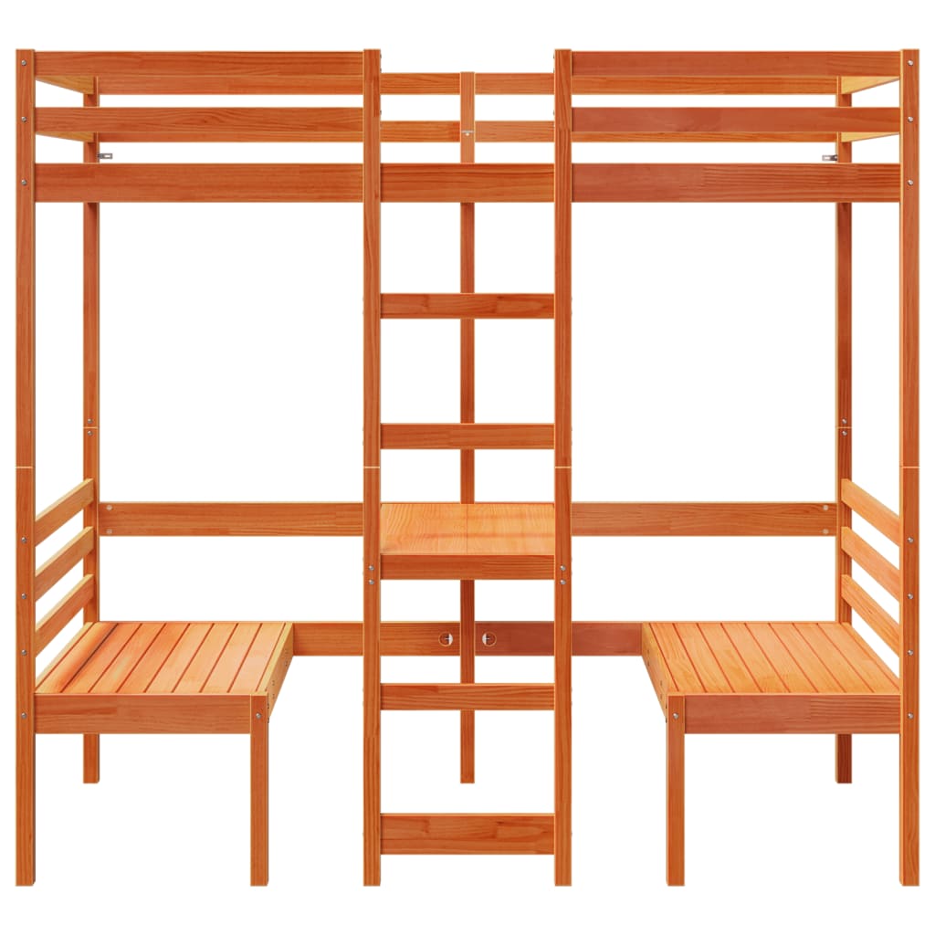 Loftsäng med skrivbord&bänkar vaxbrun 90x200 cm massiv furu