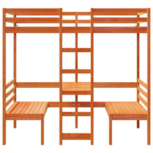 Loftsäng med skrivbord&bänkar vaxbrun 90x190 cm massiv furu