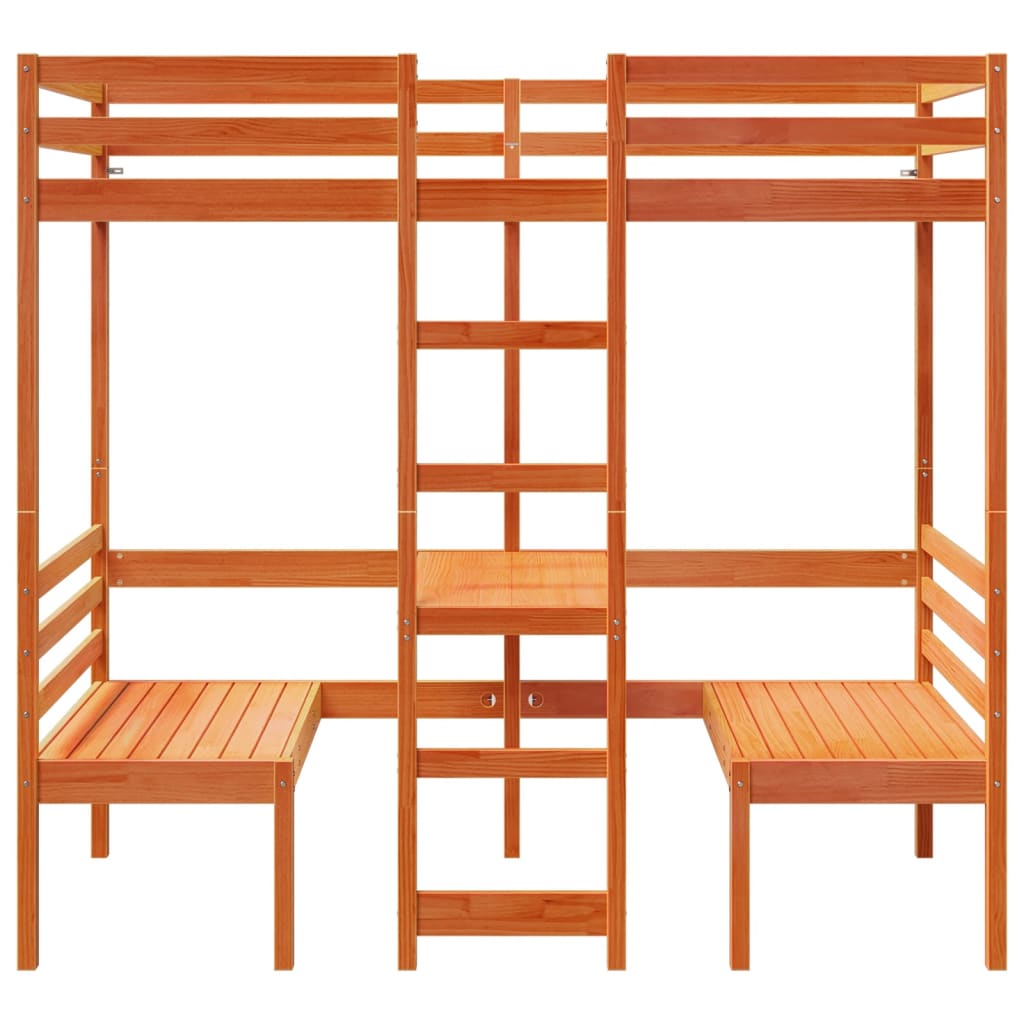 Loftsäng med skrivbord&bänkar vaxbrun 75x190 cm massiv furu