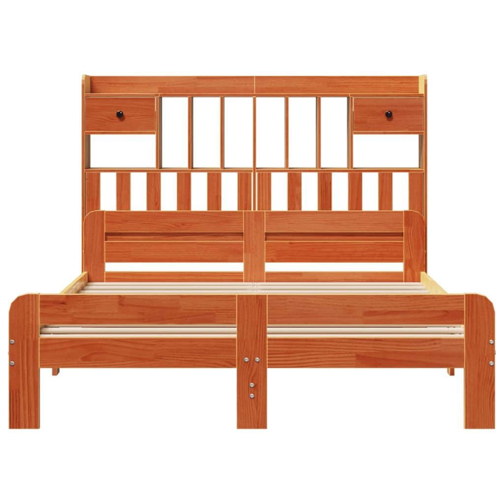 Säng med bokhylla utan madrass vaxbrun 160x200cm massiv furu