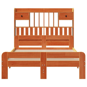 Säng med bokhylla utan madrass vaxbrun 135x190cm massiv furu