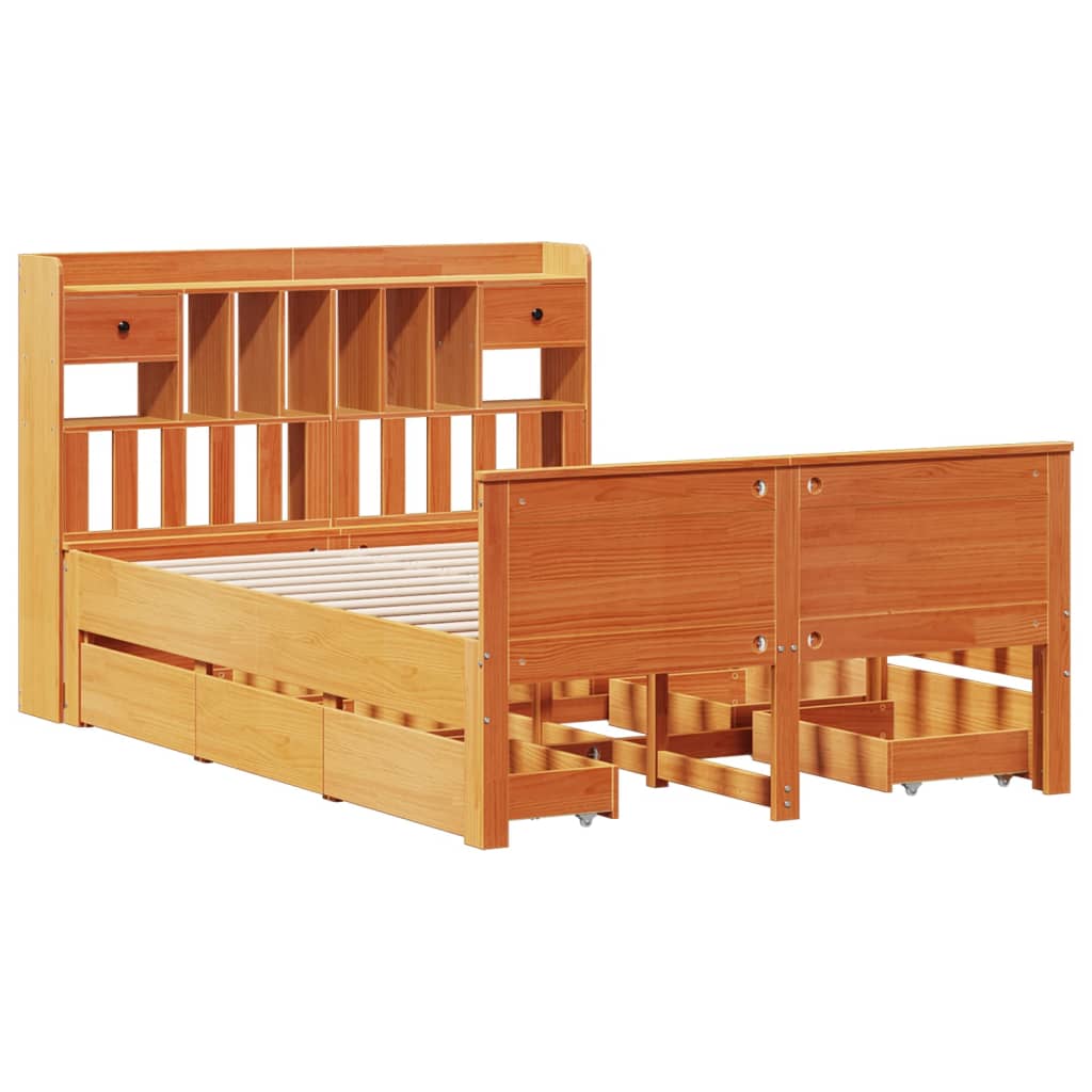 Säng med bokhylla utan madrass vaxbrun 140x190cm massiv furu