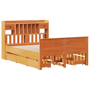 Säng med bokhylla utan madrass vaxbrun 140x190cm massiv furu