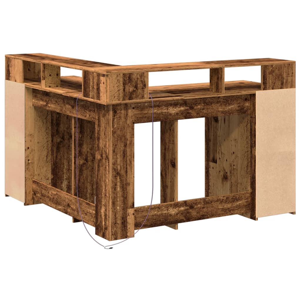 Skrivbord med LED gammalt trä 130x130x91 cm konstruerat trä