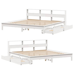 Säng med bokhylla utan madrass vit 200x200cm massiv furu