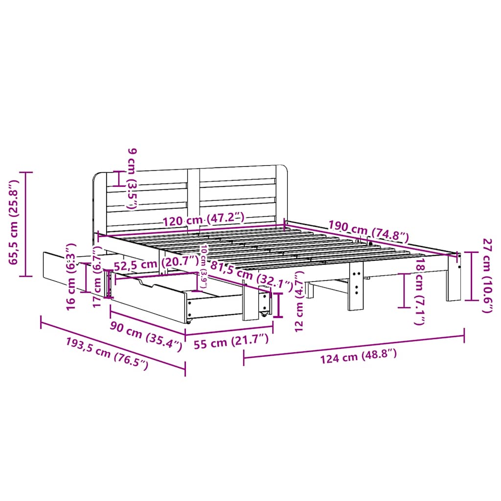 Sängram utan madrass vaxbrun 120x190 cm massiv furu